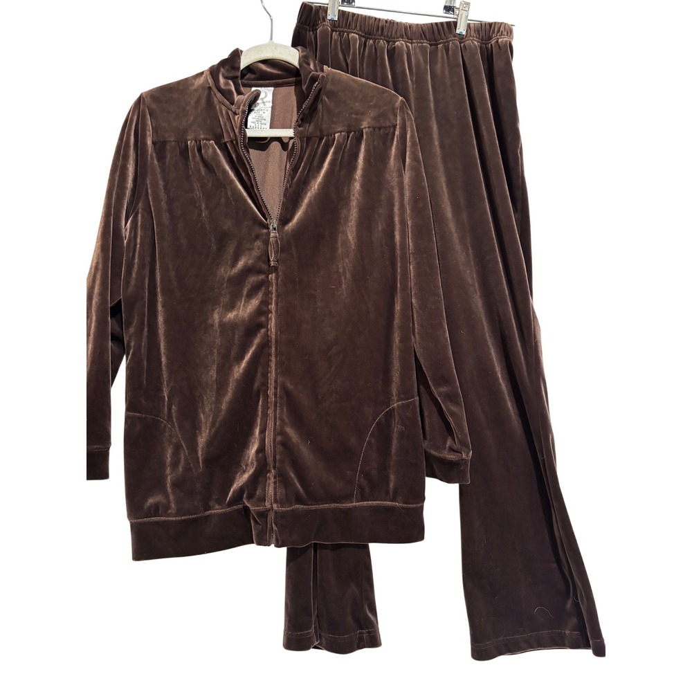 Roamans Brown‎ Velour Tracksuit Set full zip Jacket Pants Women Sz M Lounge  y2k